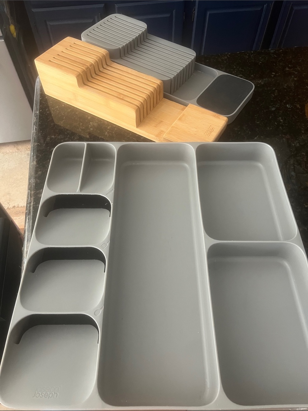 Joseph Joseph Bamboo and Gray Knife Holders plus Utensil Tray